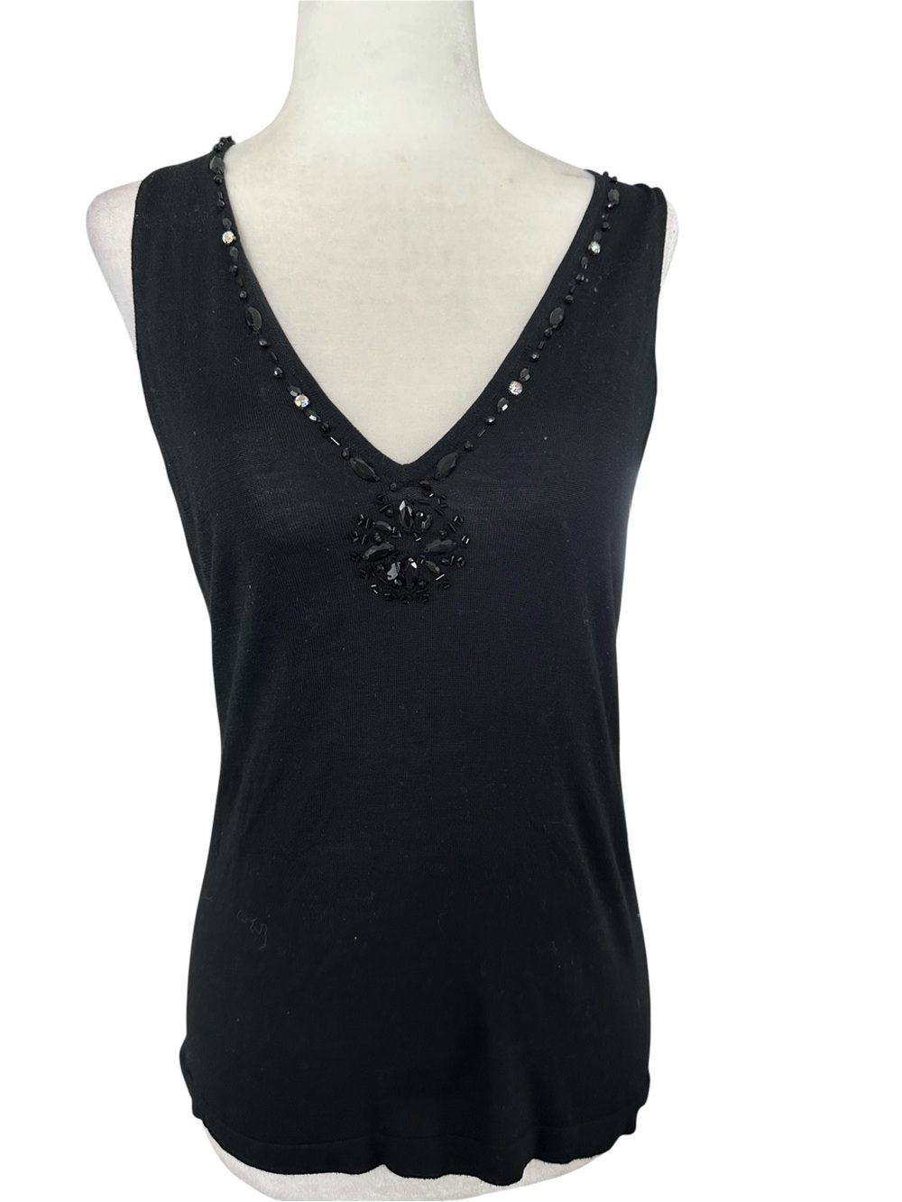 Sandra Angelozzi Silk Blend Beaded V-Neck Tank Top M